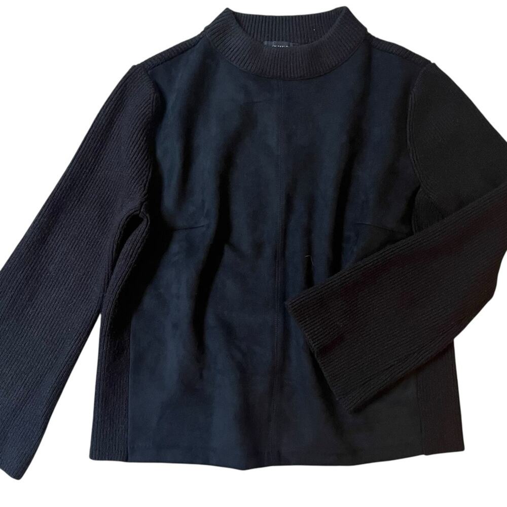 Ann Taylor Black Knit Sweater Women’s Large Faux Suede Panels Mock Neck Boxy